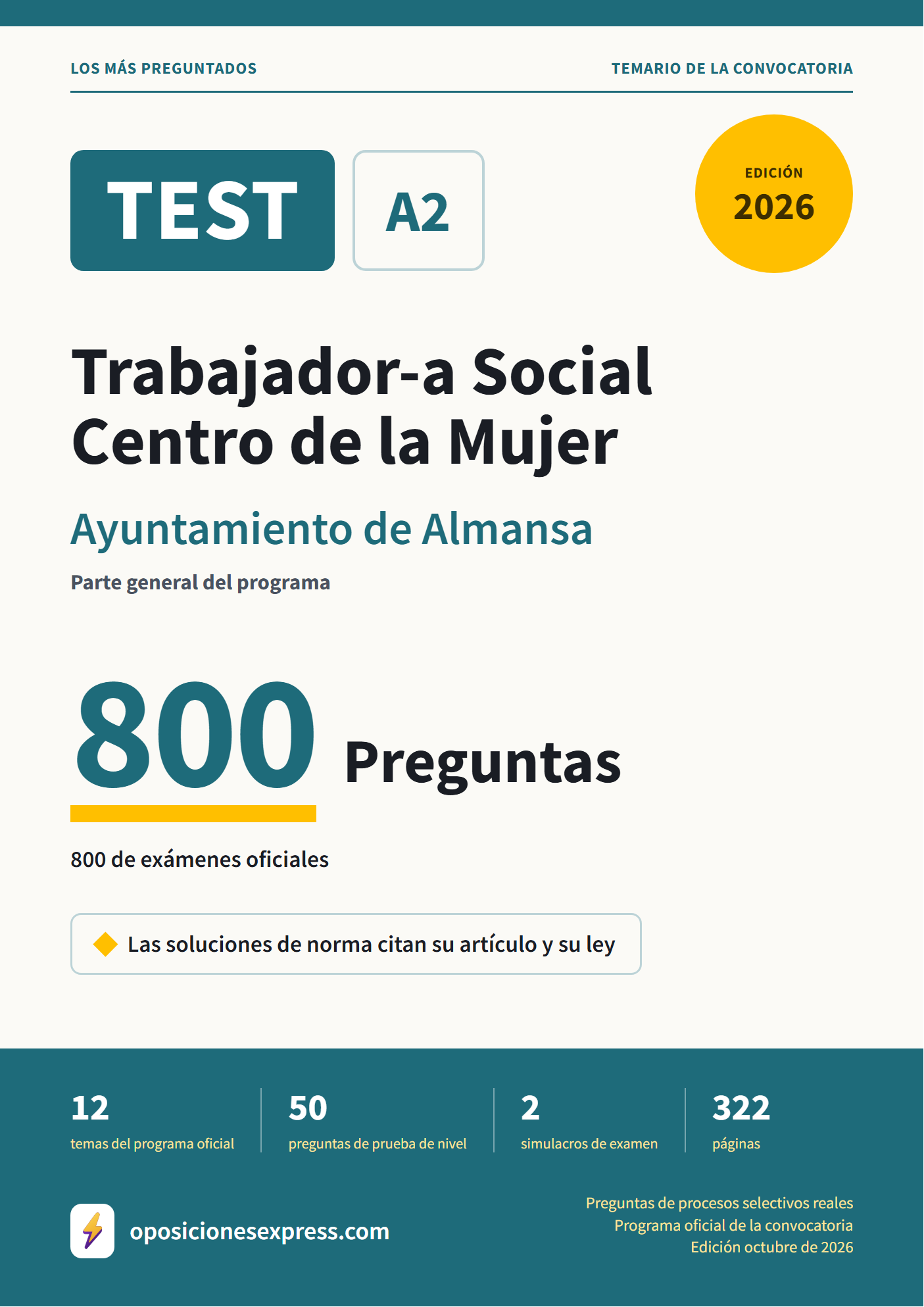 Portada del PDF «TEST Trabajador-a Social Centro de la Mujer · Ayuntamiento de Almansa · Parte general», 800 preguntas reales de examen, edición octubre de 2026