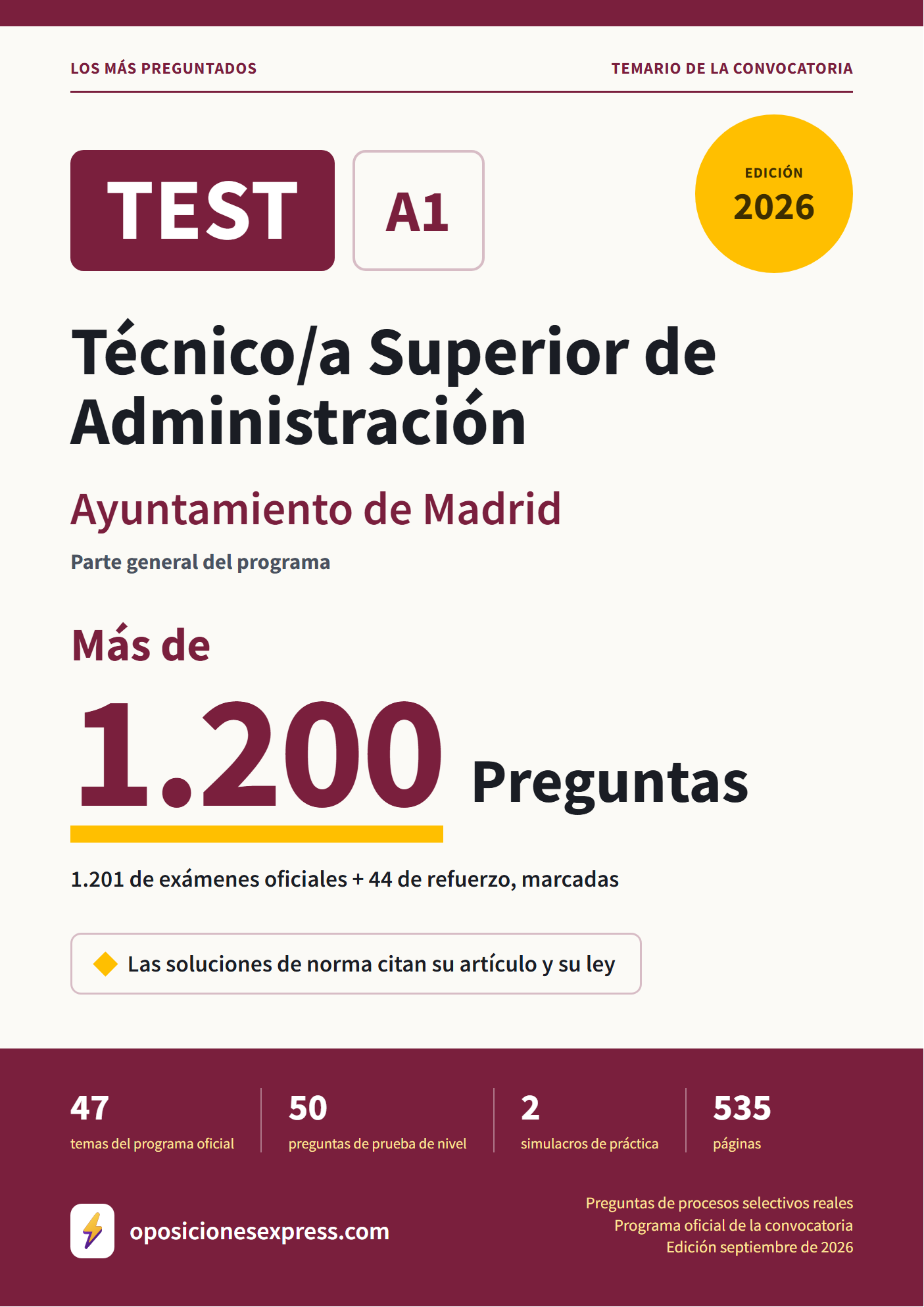 Portada del PDF «TEST Técnico/a Superior de Administración · Ayuntamiento de Madrid · Parte general», 1.201 preguntas reales de examen, edición septiembre de 2026