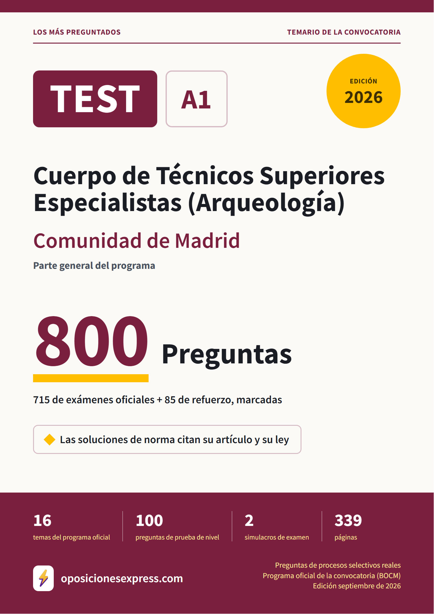 Portada del PDF «TEST Cuerpo de Técnicos Superiores Especialistas (Arqueología) · Comunidad de Madrid · Parte general», 715 preguntas reales de examen, edición septiembre de 2026