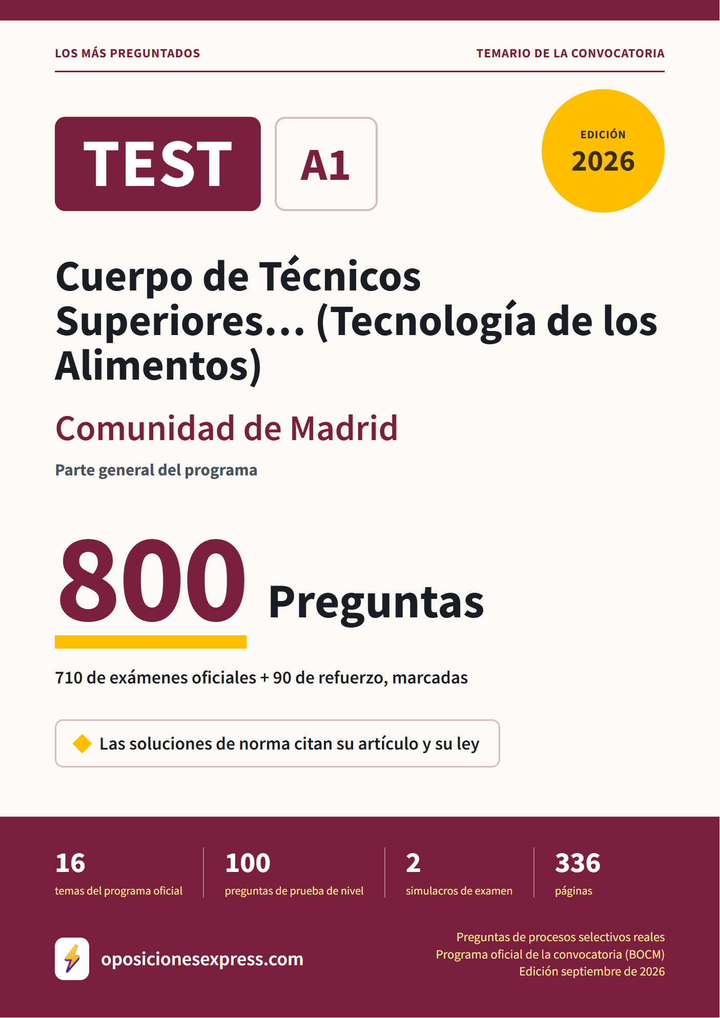 Portada del PDF «TEST Cuerpo de Técnicos Superiores… (Tecnología de los Alimentos) · Comunidad de Madrid · Parte general», 710 preguntas reales de examen, edición septiembre de 2026