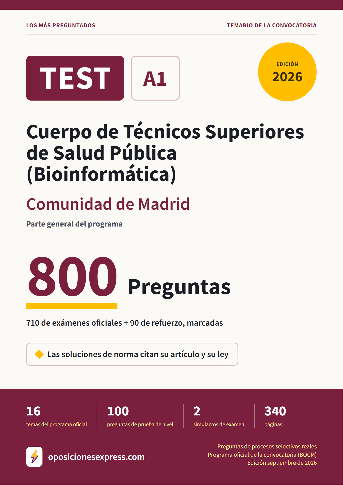 Portada del PDF «TEST Cuerpo de Técnicos Superiores de Salud Pública (Bioinformática) · Comunidad de Madrid · Parte general», 710 preguntas reales de examen, edición septiembre de 2026