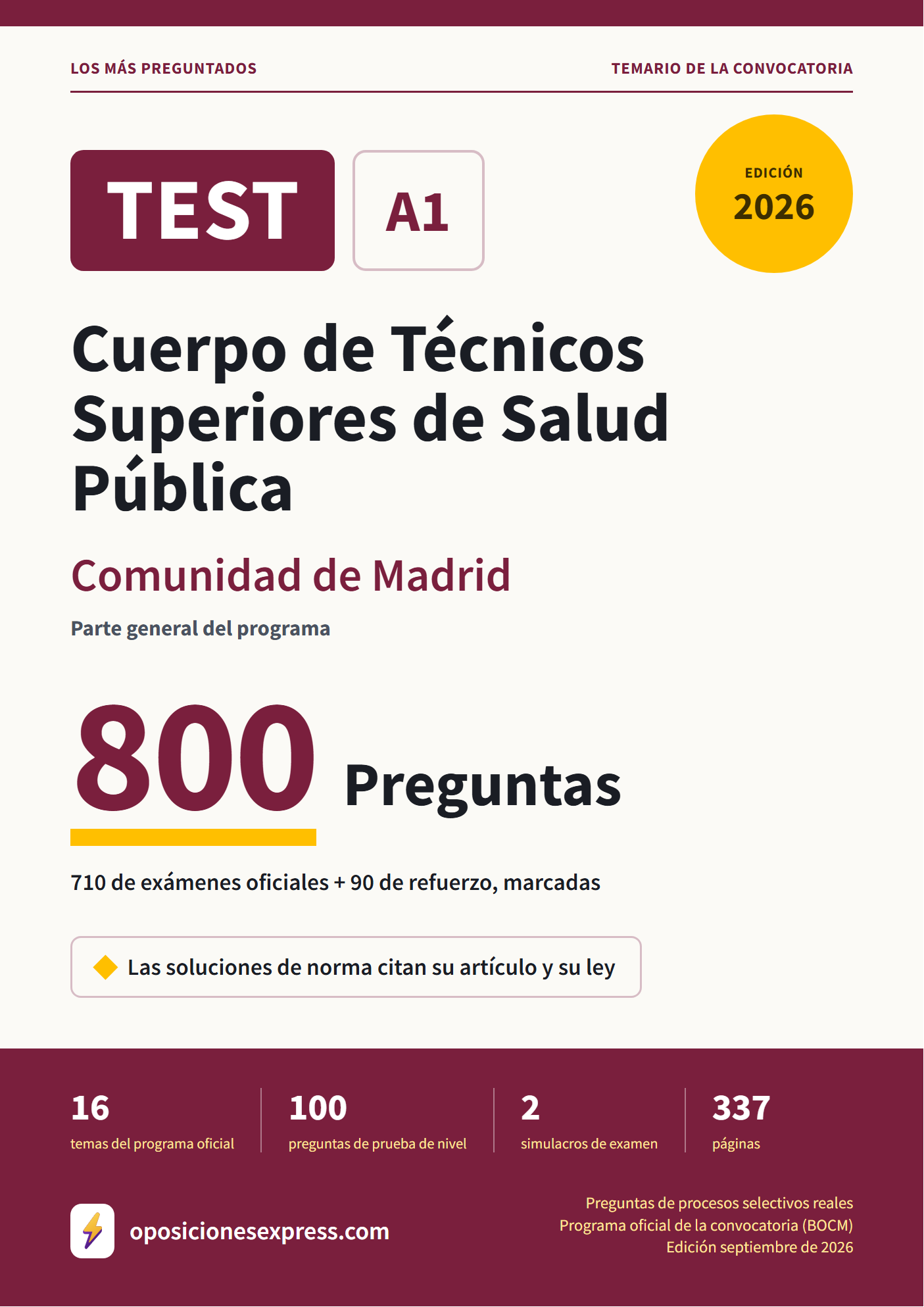 Portada del PDF «TEST Cuerpo de Técnicos Superiores de Salud Pública · Comunidad de Madrid · Parte general», 710 preguntas reales de examen, edición septiembre de 2026